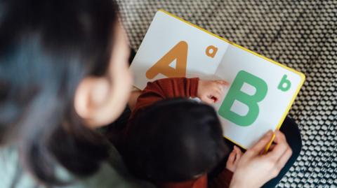A blurred image of a parent reading an early learning alphabet book to her young child.