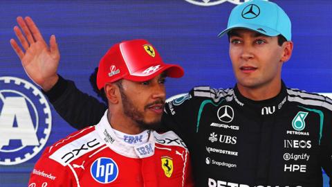 Ferrari's Lewis Hamilton and Mercedes' George Russell after qualifying for the Barcelona-Catalunya Grand Prix