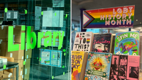 A composite image which on the left shows the word library in green lettering across glass. The right hand side shows a book display with a sign above it saying LGBT History Month, on a rainbow background 