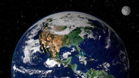 This true-color image shows North and South America as they would appear from space 35,000 km (22,000 miles) above the Earth.