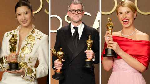 A composite image of EJAE, Paul Thomas Anderson and Jessie Buckley