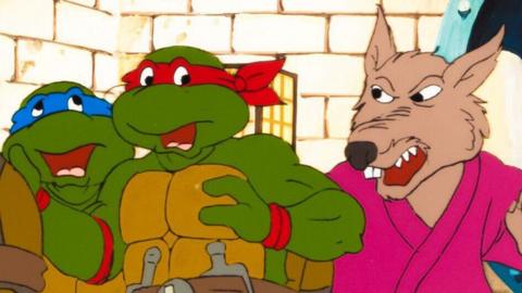 Two Teenage Mutant Ninja Turtles along with character Master Splinter (right), taken as a still from the original animated series