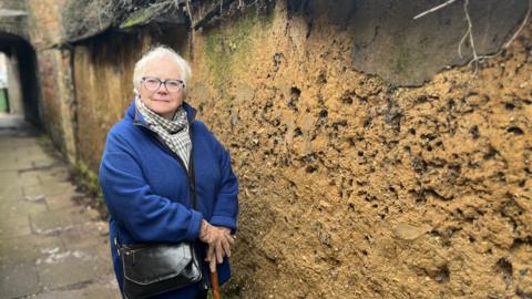 Chris Terrey looking into the camera in front of a mud wall. She has short white hair, is wearing a blue woollen jumper, a chequered scarf and brown gloves, and has a black bag. She is leaning on a walking stick.