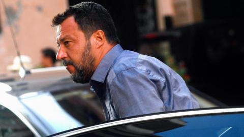 Interior Minister Matteo Salvini arrives for a meeting with Lega party members in central Rome on August 12, 2019