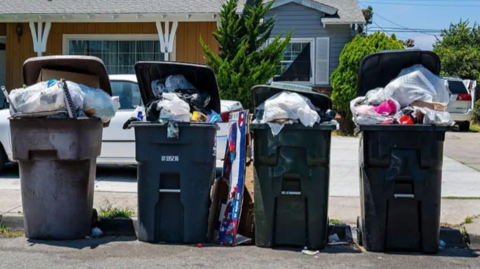 Four overflowing bins stand on the curb in front of a small brown bungalow on a tree-lined street