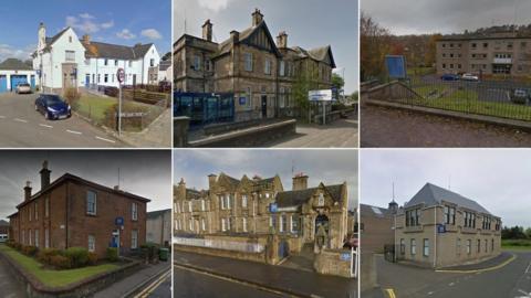 (Clockwise from top left) Police stations in Biggar, Giffnock, Hawick, Bo'Ness, Larkhall, Largs