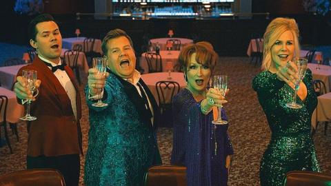 (L-R) Andrew Rannells as Trent Oliver, James Corden as Barry Glickman, Meryl Streep as Dee Dee Allen and Nicole Kidman as Angie Dickinson
