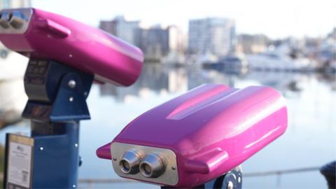 Two brightly coloured binoculars, with purple tops on blue stands, by a waterfront. They are facing in different directions. The water and building behind them is slightly blurred. 