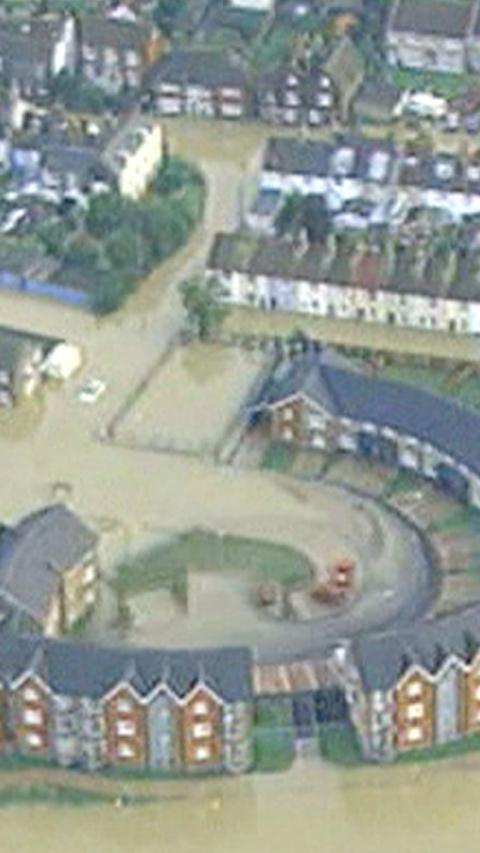 An aerial shot of a flooded residential area.