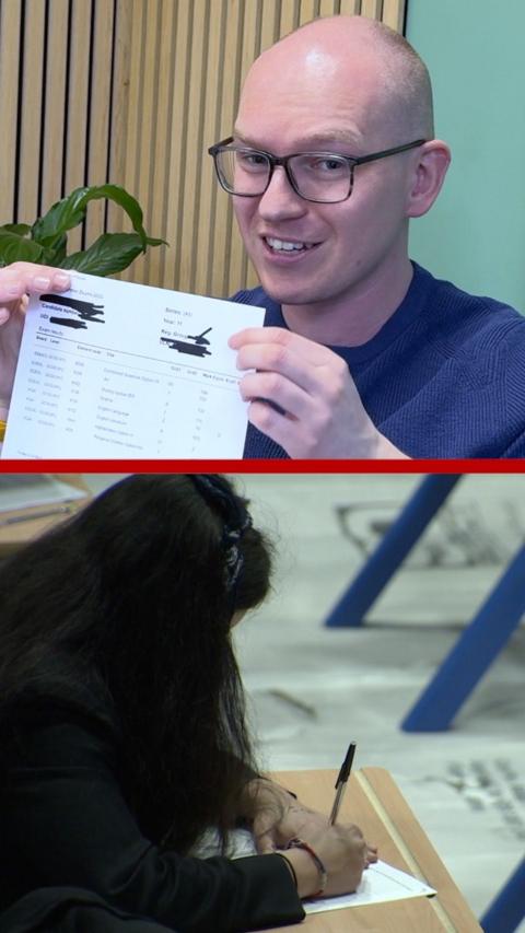 Split screenof man holding up sheet of paper and, below, a girl writing in an exam