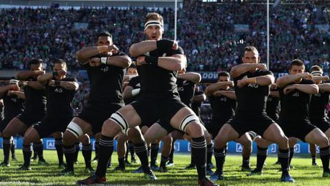 Kieran Read of New Zealand leads the Haka prior to the win over Ireland