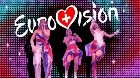 Remember Monday performing with the Eurovision 2025 logo behind them. 
