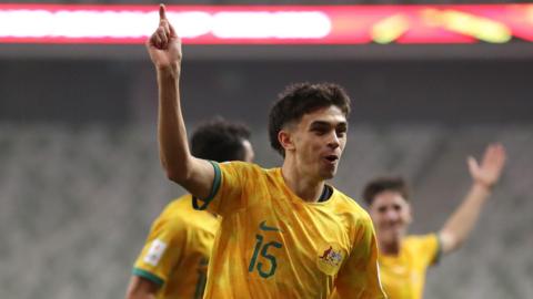Jaylan Pearman celebrates after scoring for Australia U20s