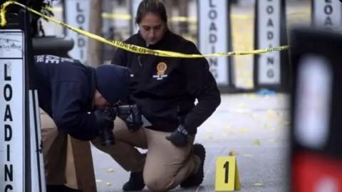 New York police at crime scene in Brian Thompson murder investigation