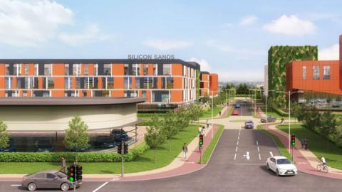Concept artwork of how Silicon Sands could look. It shows several low, flat buildings in orange with many windows and surrounded by trees and grass. There is a road down the middle with several cars and cyclists
