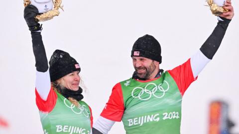 Lindsey Jacobellis and Nick Baumgartner on the podium