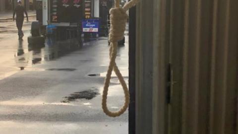 A photo of the noose at the team garage used by Bubba Wallace during the Geico 500 at Talladega