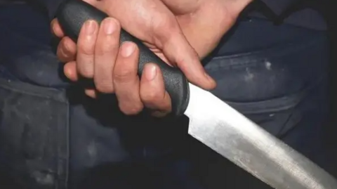 A close-up of someone holding a long knife behind their back. 