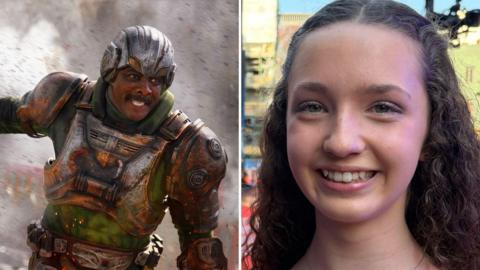 A side by side image of Idris Elba mid-action scene, and a close-up of Delilah smiling