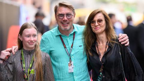 Mika Hakkinen is seen in the Monaco paddock with his daughter Ella Hakkinen and wife Marketa Remesov