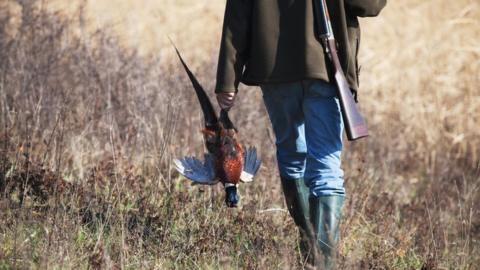 A hunter carrying a pheasant