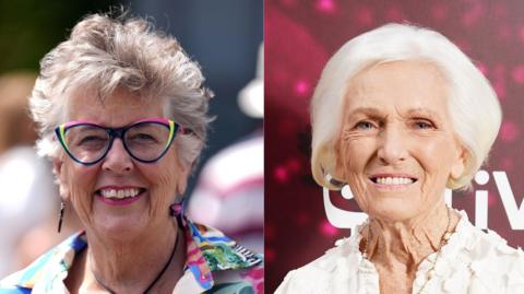 Two side-by-side images of Dame Prue Leith and Dame Mary Berry. Dame Prue smiling and wearing colourful navy, neon green and pink glasses, which match a colourful patterned blouse she is wearing. She has dangly, colourful earrings and short grey hair. Dame Mary is smiling as she stands in front of a red and pink speckled background at an event. She is wearing a white, textured blouse and has light, white-ish hair which falls to the bottom of her ears.