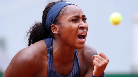 Coco Gauff celebrates reaching the French Open quarter-finals