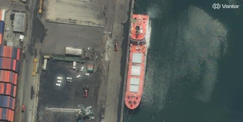 A satellite image of the Pacific Egret, a nuclear fuel carrier sailing under the flag of the United Kingdom.