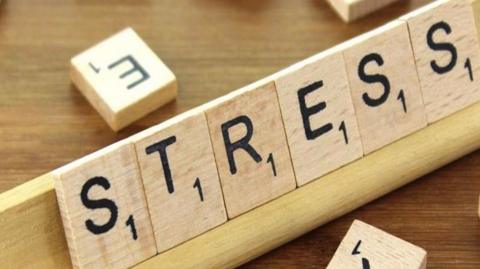 Scrabble tiles on a tile holder - letters spell 'STRESS'.