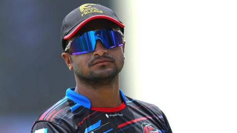 Shakib Al Hasan looks on during Antigua & Barbuda's CPL victory