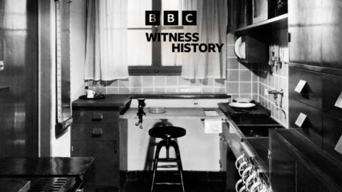 A black and white image of a kitchen with black text reading 'BBC WITNESS HISTORY' at the top of the image.