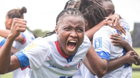 Roselord Borgella of Haiti's national women's football team reacts during the Fifa Women's World Cup 2023 play-off between Chile and Haiti