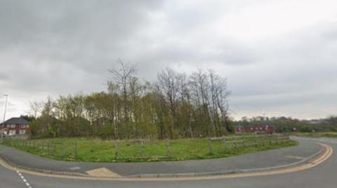 A clump of grassed land on a street corner. It is surrounded by a small wooden perimeter fence and has trees in the middle. Double yellow lines run round the edge of the road.