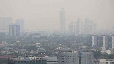 A general view of the Indonesian capital city of Jakarta as the smog covers the city on July 9, 2019