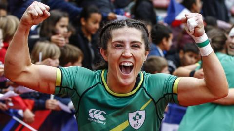 Amee-Leigh Murphy Crowe celebrates after her hat-trick of tries helped Ireland beat the hosts in their opener at the France Sevens in Toulouse