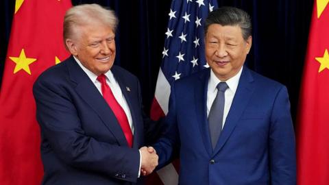 US President Trump and Chinese President Xi shake hands in front of their country's flags