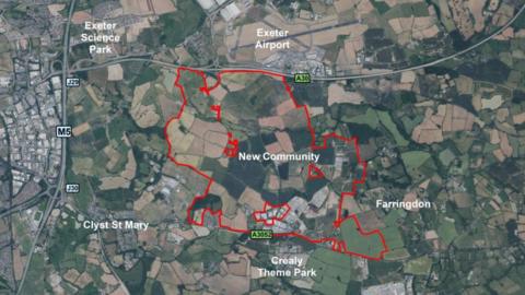 A map of the area to the east of Exeter showing with a red line the boundaries for the new town that is expected to be built there.
