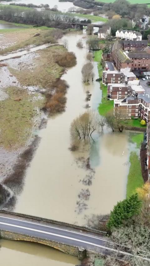 An aerial shot of flood water