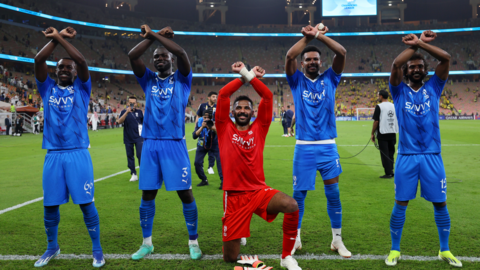 Players from Al-Hilal celebrate their latest win against Al-Ittihad in the Asian Champions League