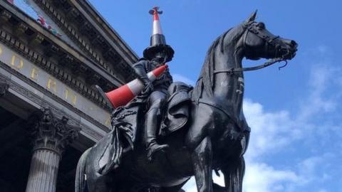 Duke of Wellington statue with a cone with a propeller on top