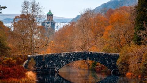 Bridge, Pen-y-gareg dam house reflection, Rhayader Dams, Elan Valley, Wales