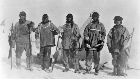 Scott"s Antarctic expedition. Historical image of the team of the Terra Nova Expedition standing by a Norwegian tent at the South Pole.
