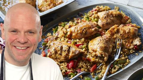 Split image with Tom Kerridge and peri-peri chicken