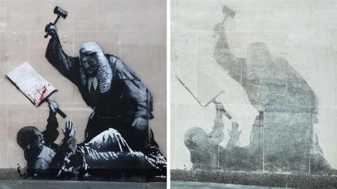 Banksy mural before and after