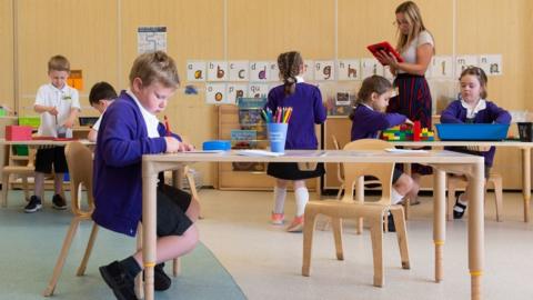 Children socially distanced in a classroom after returning to school following coronavirus closures