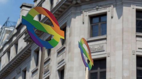 File image showing makeshift rainbow coloured Tube roundels above Oxford Circus station