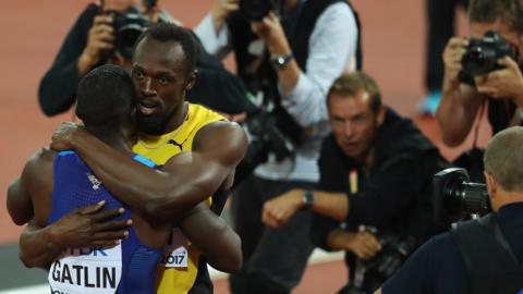 Usain Bolt and Justin Gatlin after the 100m final at London 2017