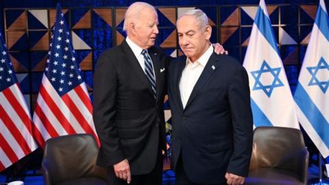 President Joe Biden (L) and Prime Minister Benjamin Netanyahu (R) meet in Tel Aviv, Israel on October 18, 2023