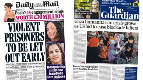 The headline in the Daily Mail reads: "Violent prisoners to be let out early", while the headline in the Guardian reads: "Gaza humanitarian crisis grows as US big to ease blockade falters"