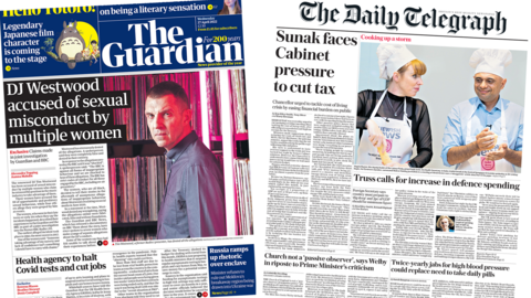 The Guardian front page reports on sexual misconduct allegations against Tim Westwood, while the Telegraph reports on pressures on the chancellor to cut taxes